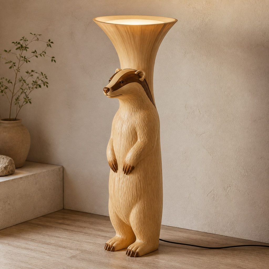 Tall Badger Floor Lamp shown as an original square photorealistic badger lamp made from natural light-yellow wood with fine grain and warm diffused light