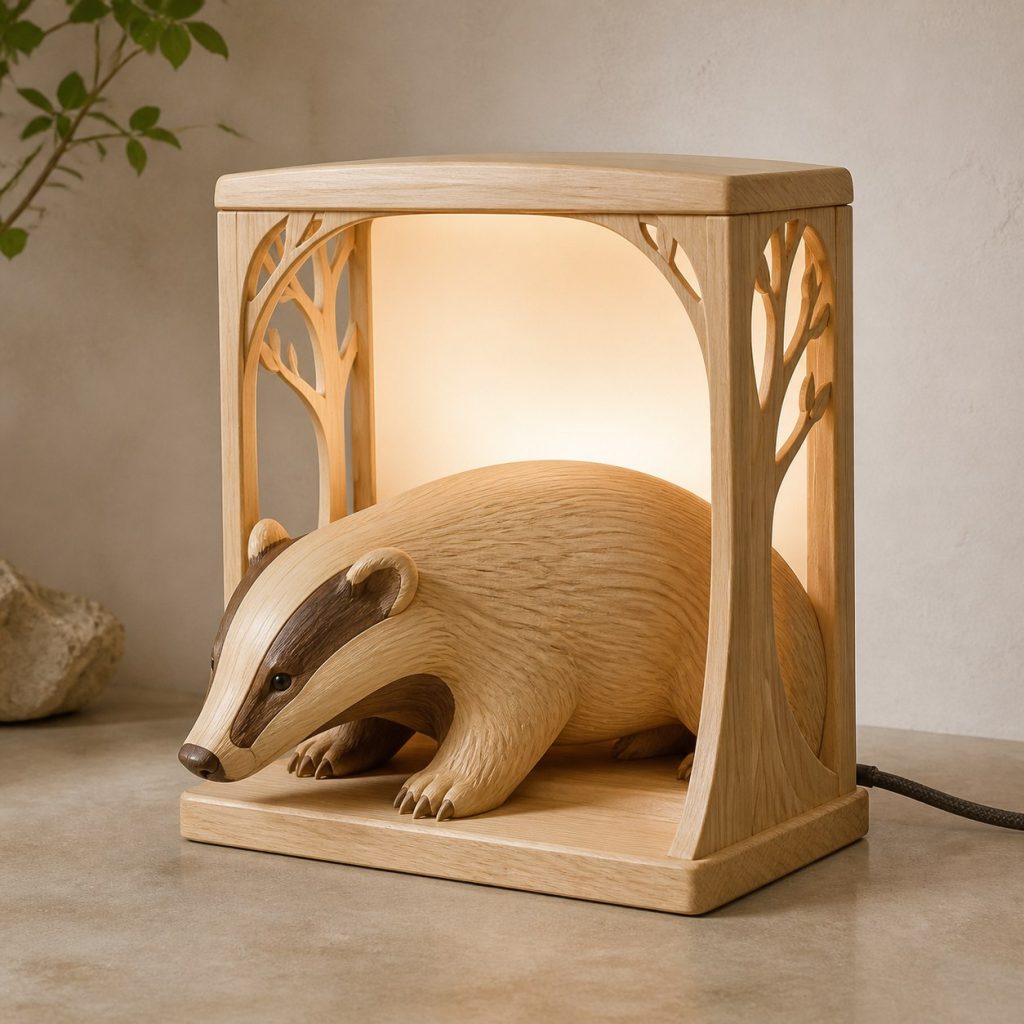 Woodland Badger Lantern shown as an original square photorealistic badger lamp made from natural light-yellow wood with fine grain and warm diffused light