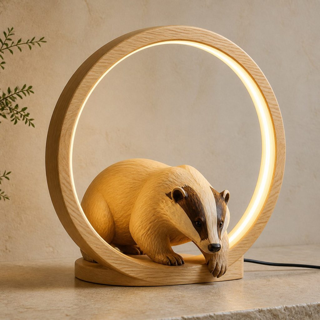 Badger Moon-Ring Lamp shown as an original square photorealistic badger lamp made from natural light-yellow wood with fine grain and warm diffused light