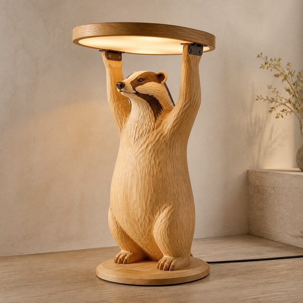 Paired-Paw Badger Floor Lamp shown as an original square photorealistic badger lamp made from natural light-yellow wood with fine grain and warm diffused light