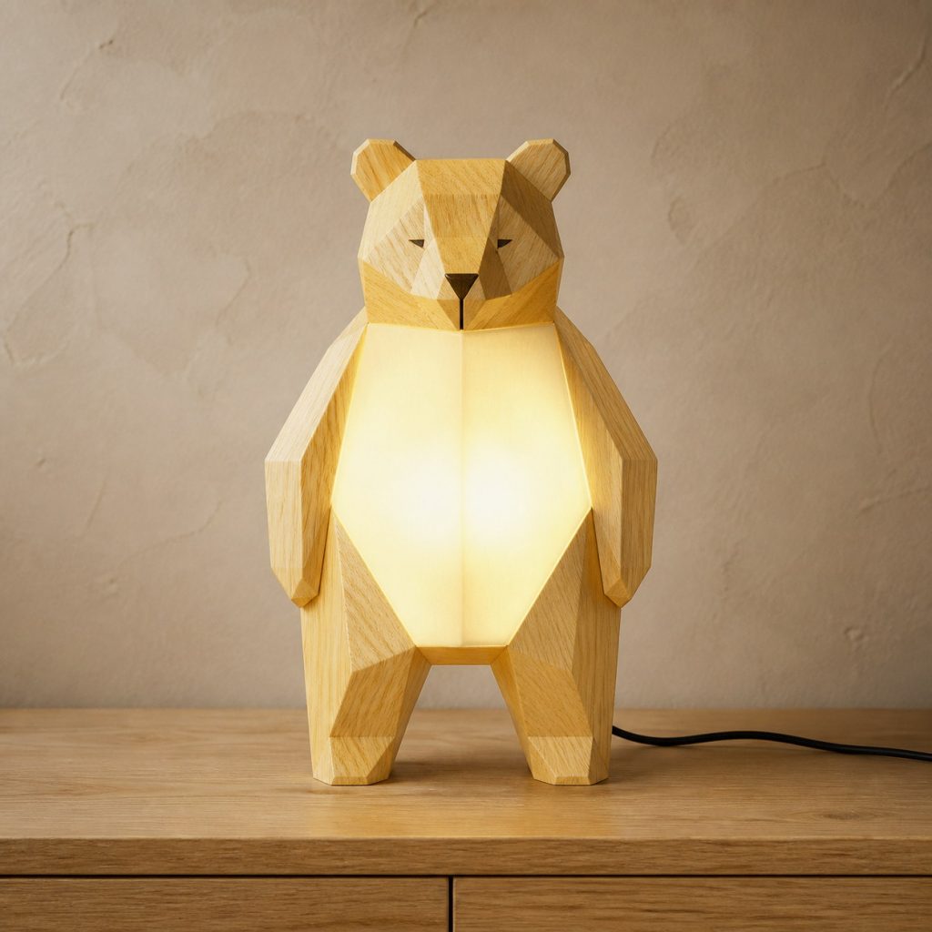 Faceted Light-Yellow Bear Lamp shown as an original square photorealistic light-yellow wood bear lamp made from natural light-yellow wood with fine grain and warm diffused light