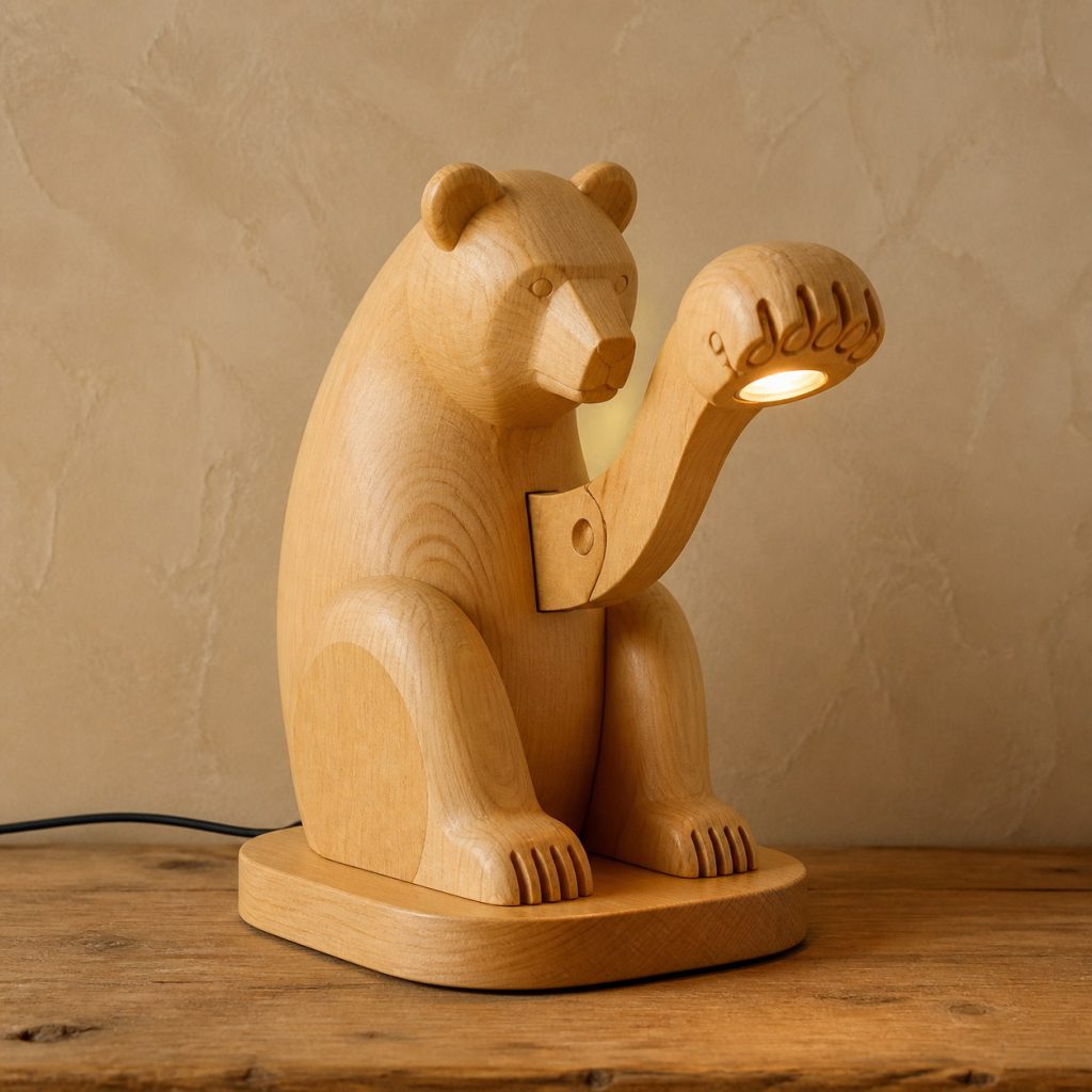 Bear-Paw Desk Lamp shown as an original square photorealistic light-yellow wood bear lamp made from natural light-yellow wood with fine grain and warm diffused light