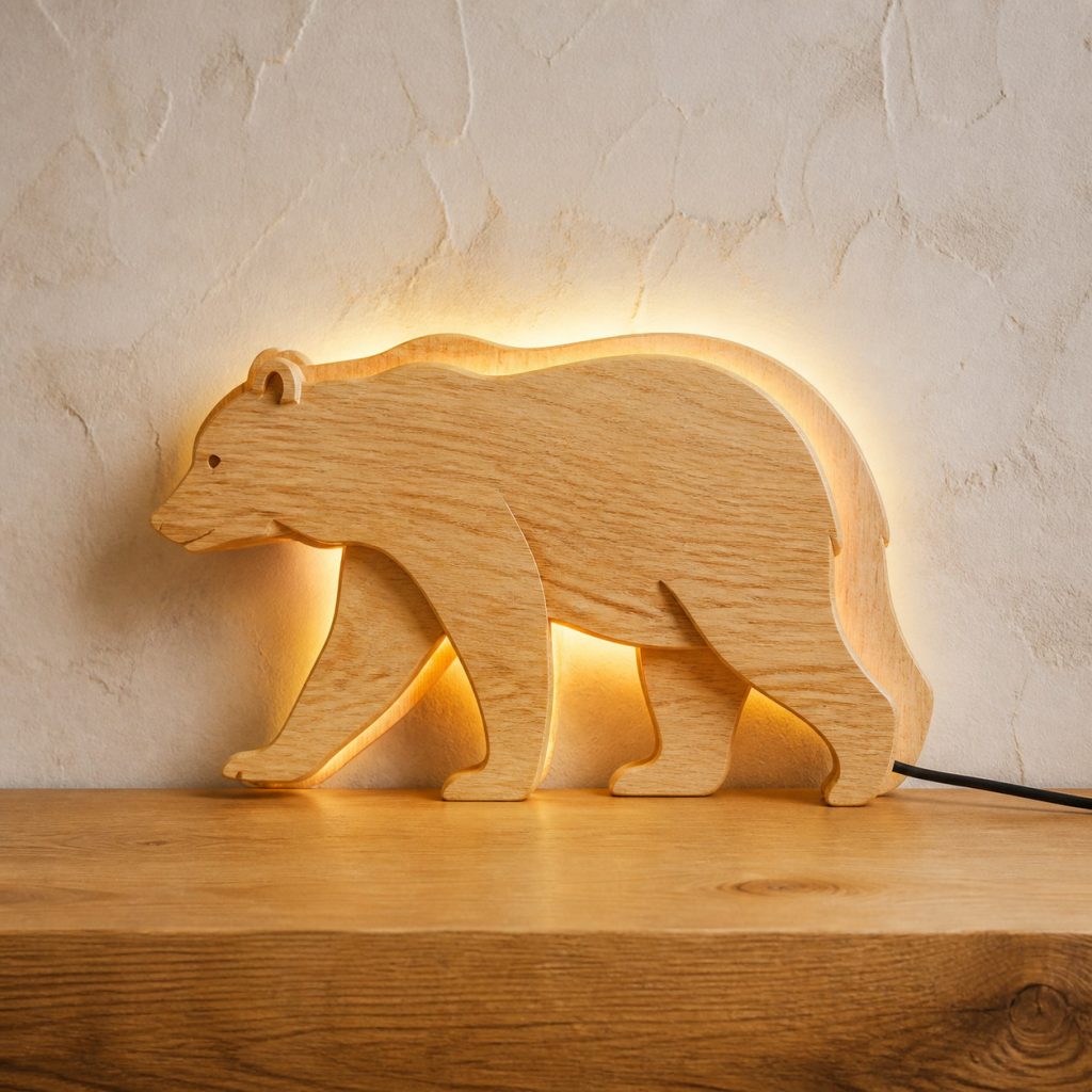 Walking Bear Wall Sconce shown as an original square photorealistic light-yellow wood bear lamp made from natural light-yellow wood with fine grain and warm diffused light