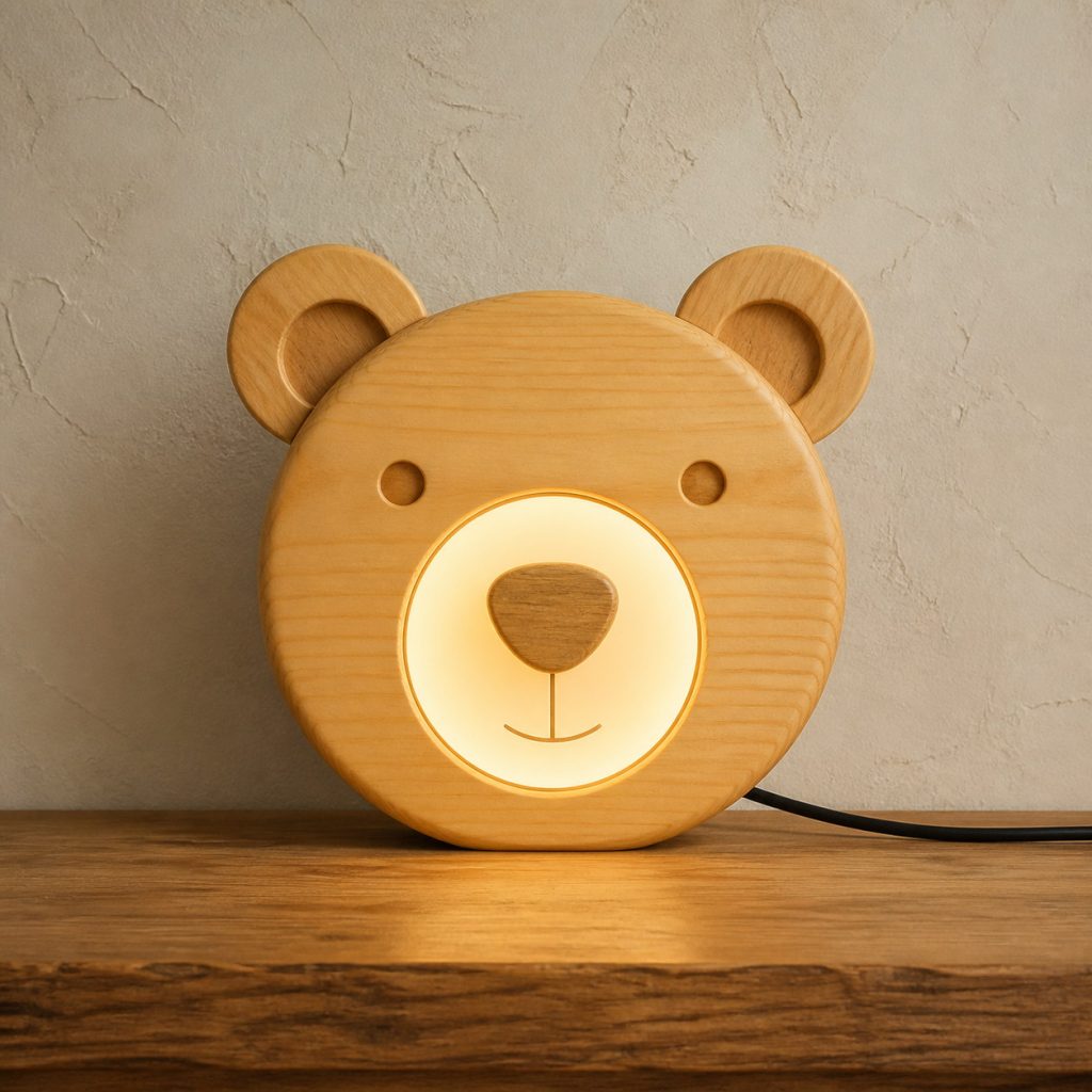 Bear Face Diffuser Lamp shown as an original square photorealistic light-yellow wood bear lamp made from natural light-yellow wood with fine grain and warm diffused light