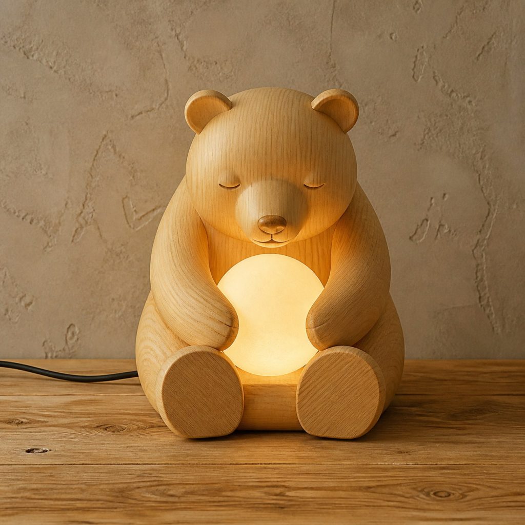 Bear Orb Lamp shown as an original square photorealistic light-yellow wood bear lamp made from natural light-yellow wood with fine grain and warm diffused light