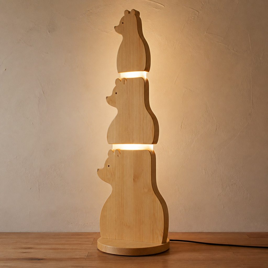 Stacked Bear Floor Lamp shown as an original square photorealistic light-yellow wood bear lamp made from natural light-yellow wood with fine grain and warm diffused light