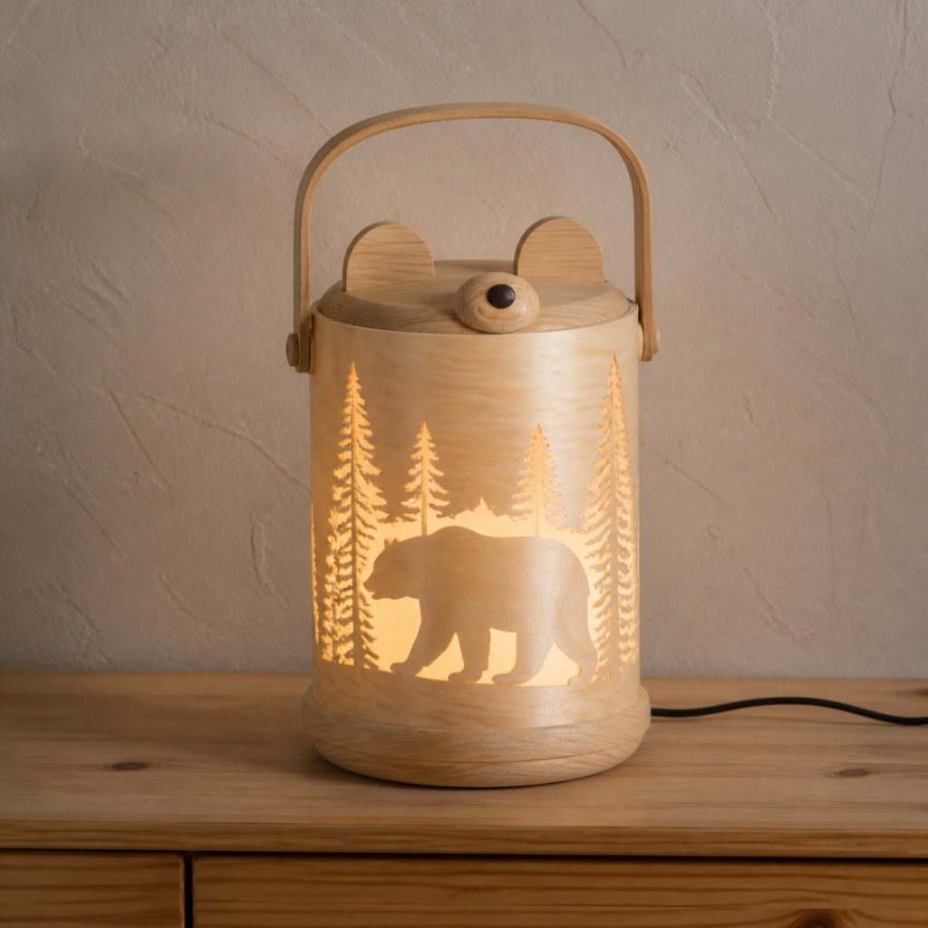 Forest Bear Lantern shown as an original square photorealistic light-yellow wood bear lamp made from natural light-yellow wood with fine grain and warm diffused light