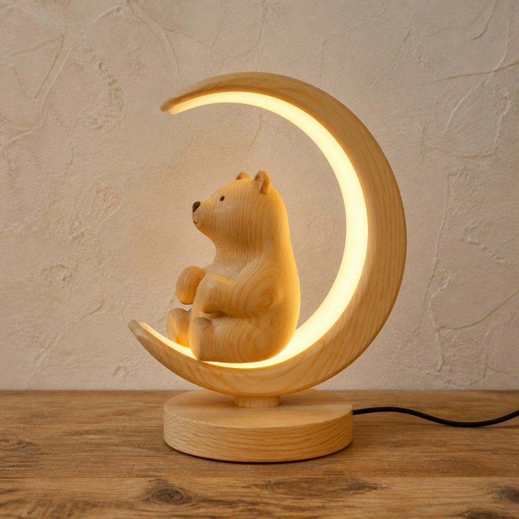 Bear Crescent-Moon Lamp shown as an original square photorealistic light-yellow wood bear lamp made from natural light-yellow wood with fine grain and warm diffused light