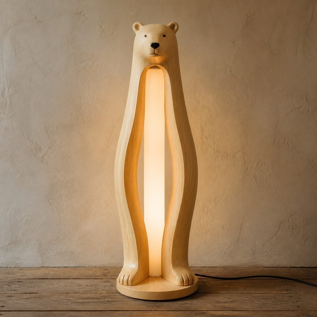 Twin-Paw Bear Floor Lamp shown as an original square photorealistic light-yellow wood bear lamp made from natural light-yellow wood with fine grain and warm diffused light