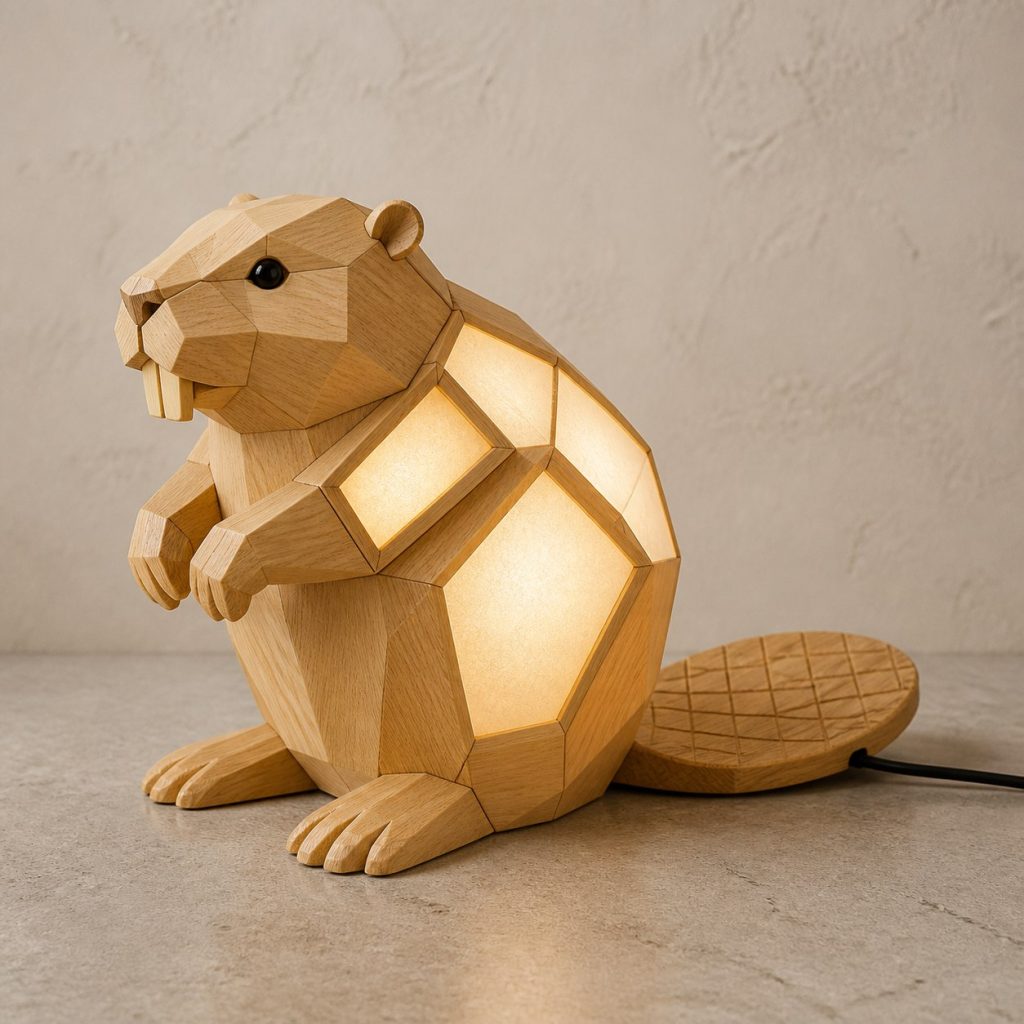 Faceted Beaver Lamp shown as an original square photorealistic beaver lamp made from natural light-yellow wood with fine grain and warm diffused light