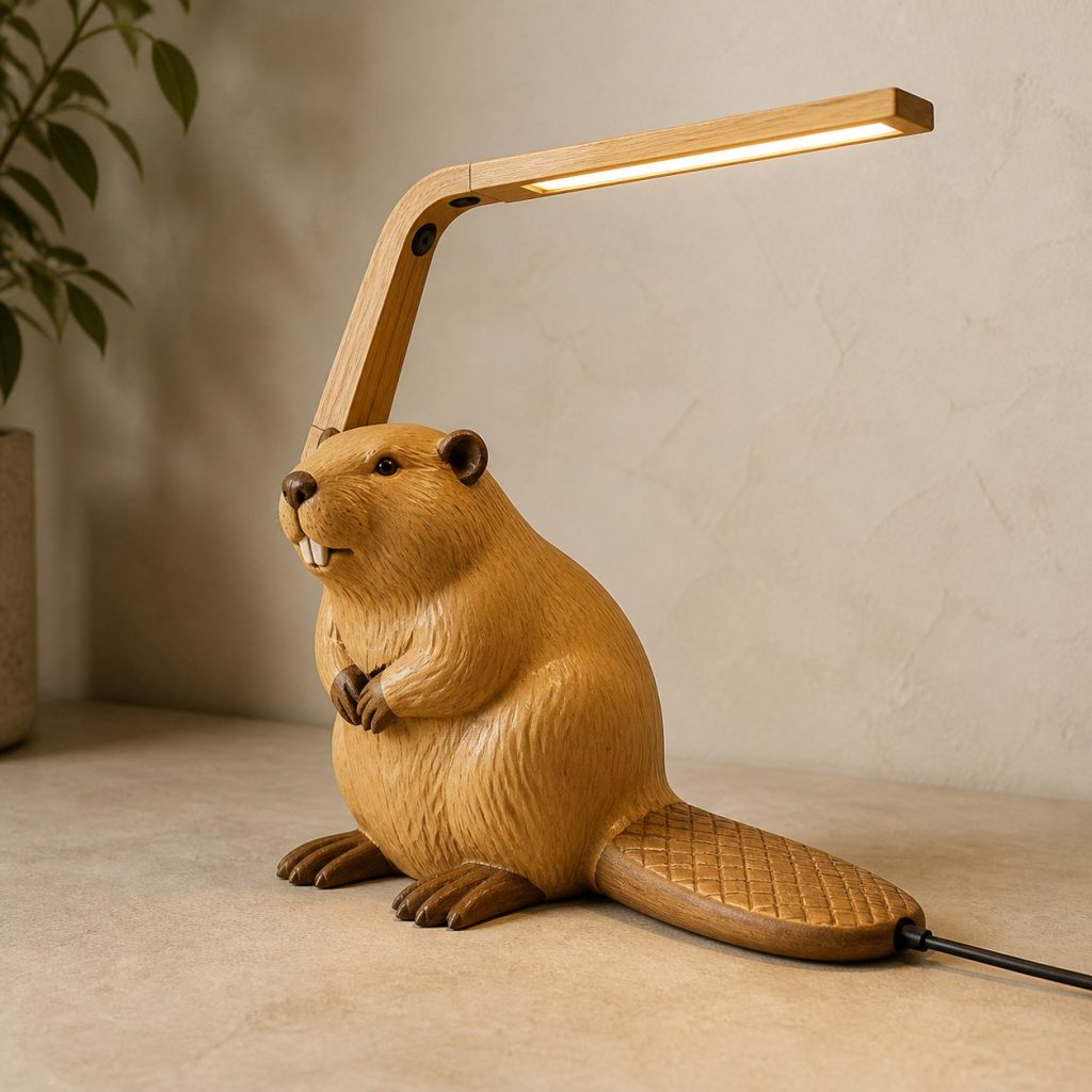 Beaver-Tail Desk Task Lamp shown as an original square photorealistic beaver lamp made from natural light-yellow wood with fine grain and warm diffused light