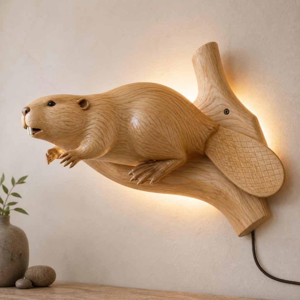 Swimming Beaver Wall Sconce shown as an original square photorealistic beaver lamp made from natural light-yellow wood with fine grain and warm diffused light