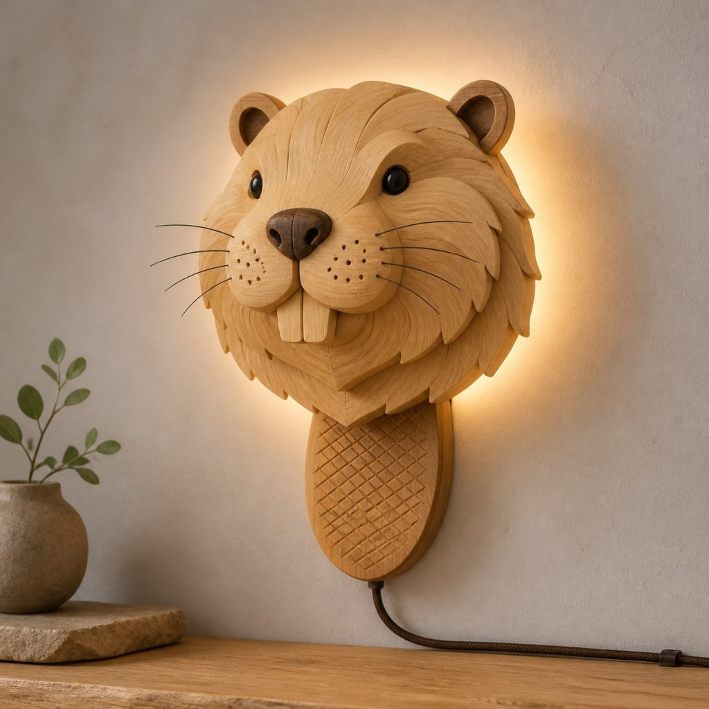 Layered Beaver Face Wall Lamp shown as an original square photorealistic beaver lamp made from natural light-yellow wood with fine grain and warm diffused light