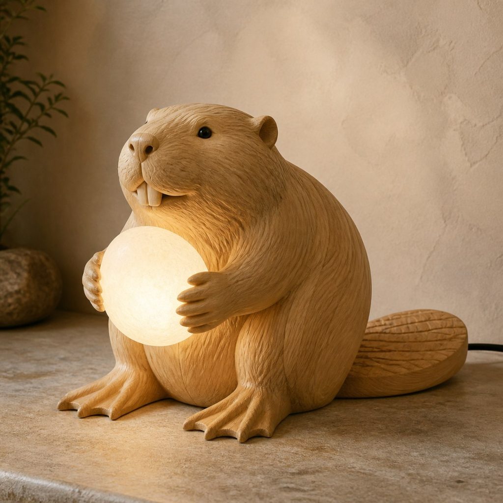 Beaver Orb Lamp shown as an original square photorealistic beaver lamp made from natural light-yellow wood with fine grain and warm diffused light