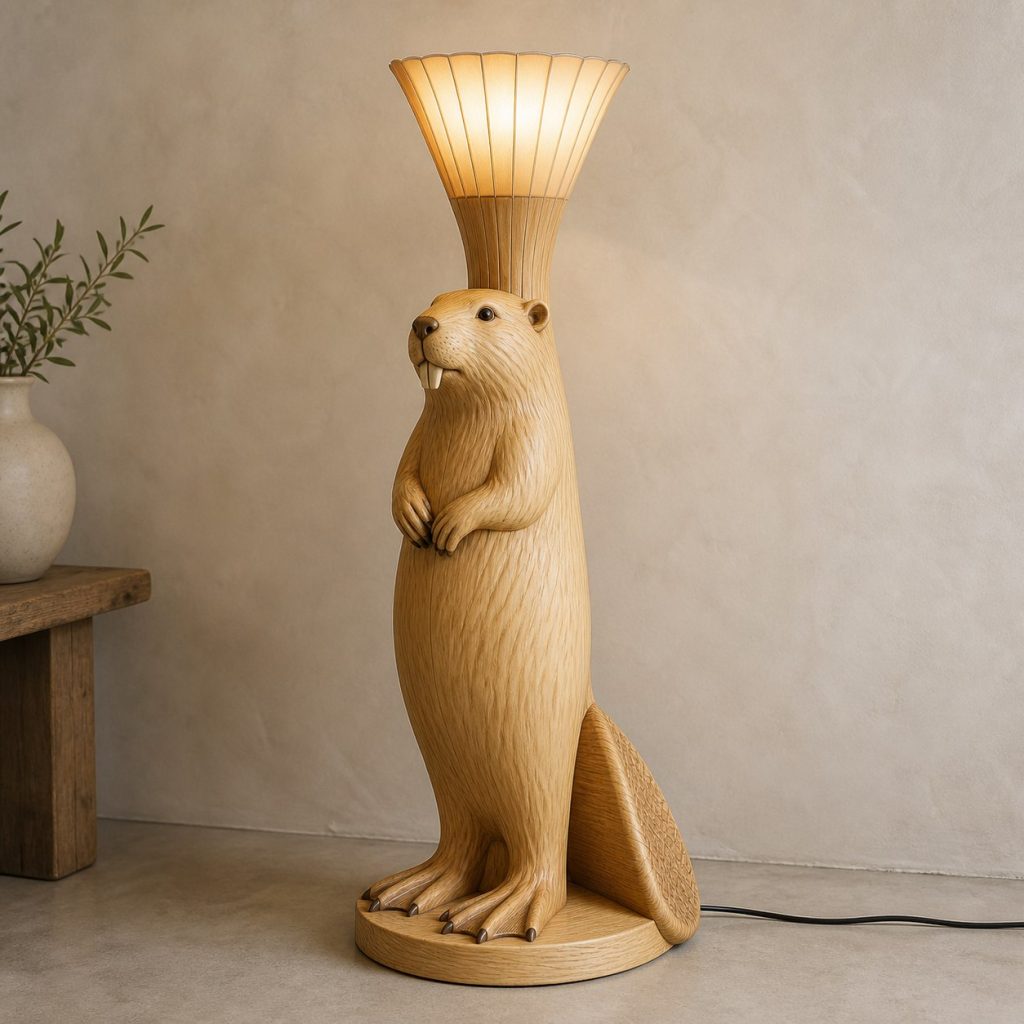 Tall Beaver Floor Lamp shown as an original square photorealistic beaver lamp made from natural light-yellow wood with fine grain and warm diffused light