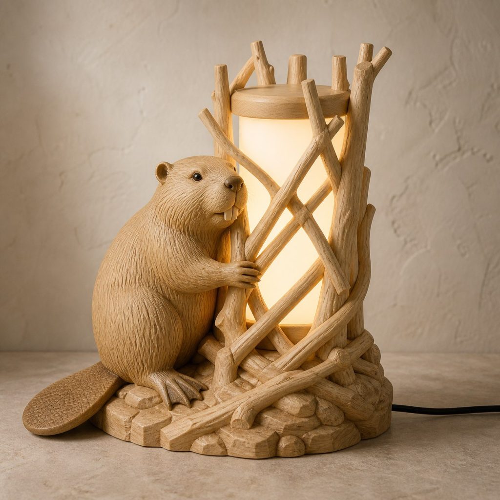 Dam Beaver Lantern shown as an original square photorealistic beaver lamp made from natural light-yellow wood with fine grain and warm diffused light