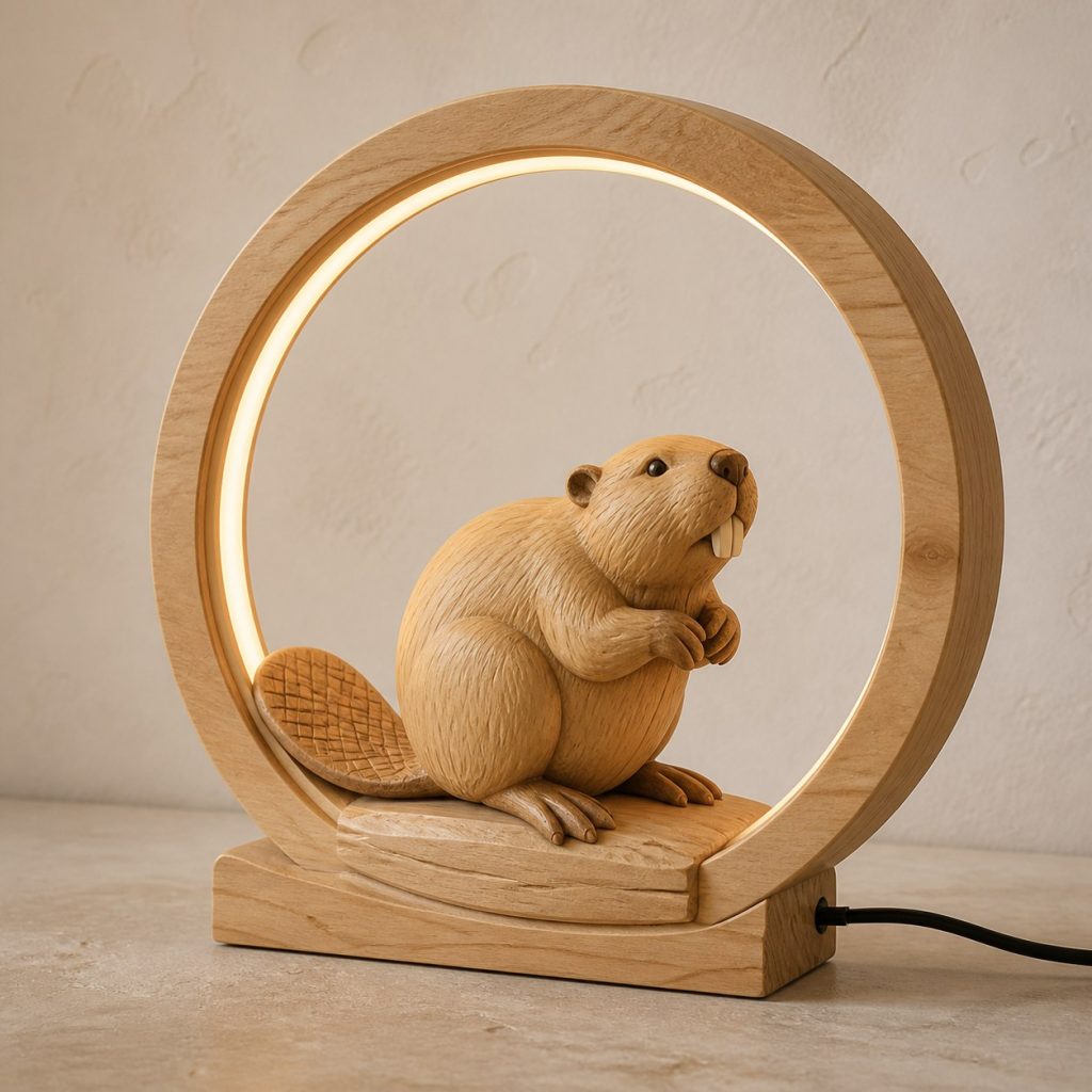 Beaver Water-Ring Lamp shown as an original square photorealistic beaver lamp made from natural light-yellow wood with fine grain and warm diffused light