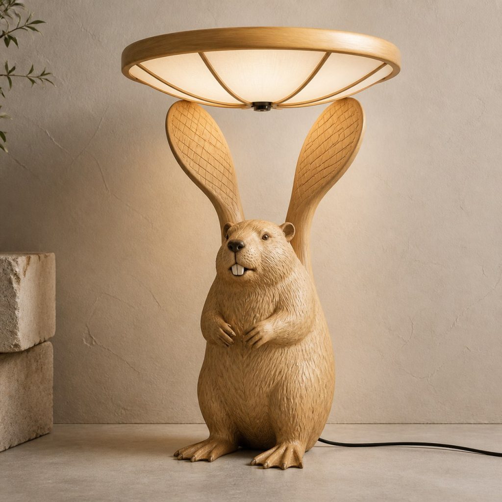 Paired-Paw Beaver Floor Lamp shown as an original square photorealistic beaver lamp made from natural light-yellow wood with fine grain and warm diffused light