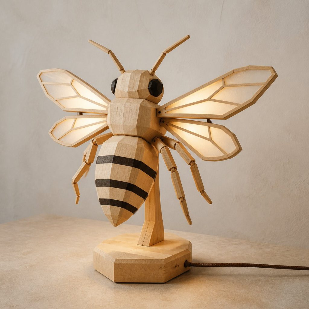 Faceted Bee Lamp shown as an original square photorealistic bee lamp made from natural light-yellow wood with fine grain and warm diffused light