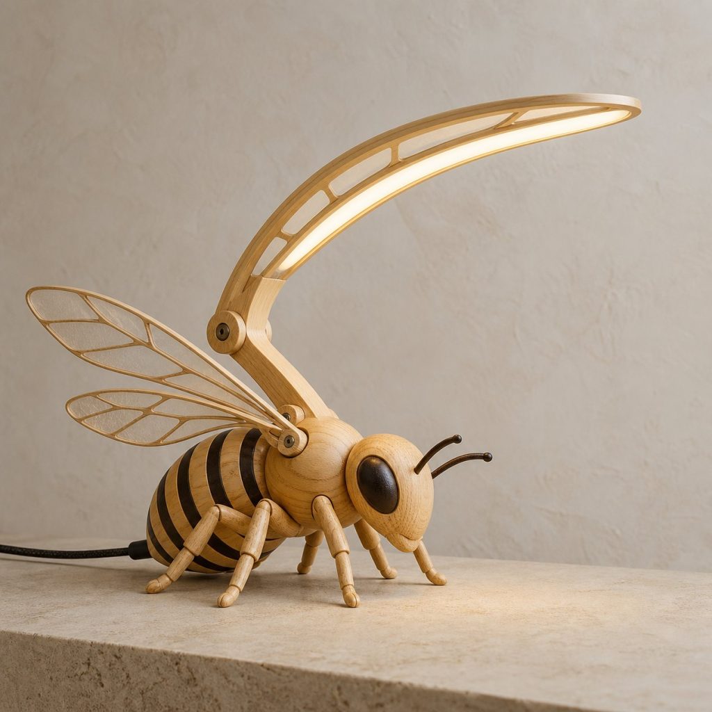 Bee-Wing Desk Task Lamp shown as an original square photorealistic bee lamp made from natural light-yellow wood with fine grain and warm diffused light
