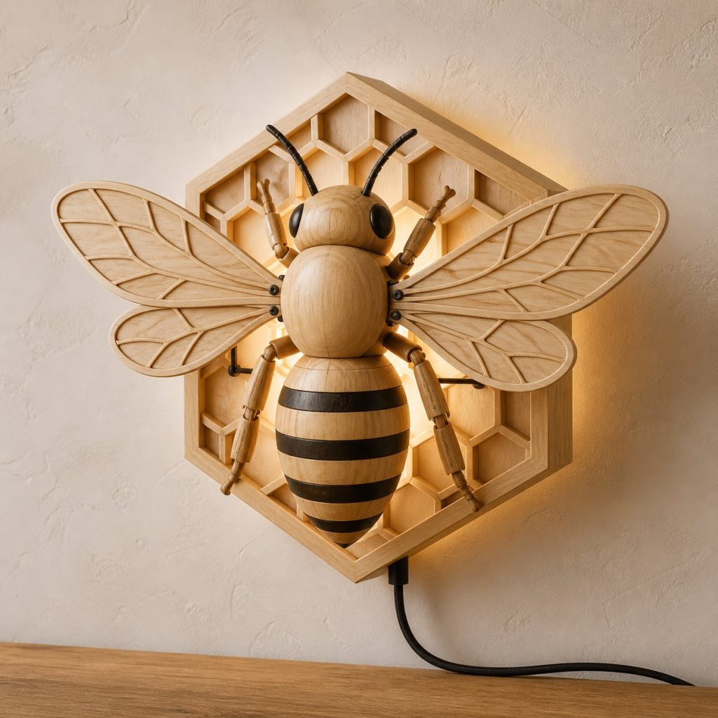 Flying Bee Wall Sconce shown as an original square photorealistic bee lamp made from natural light-yellow wood with fine grain and warm diffused light