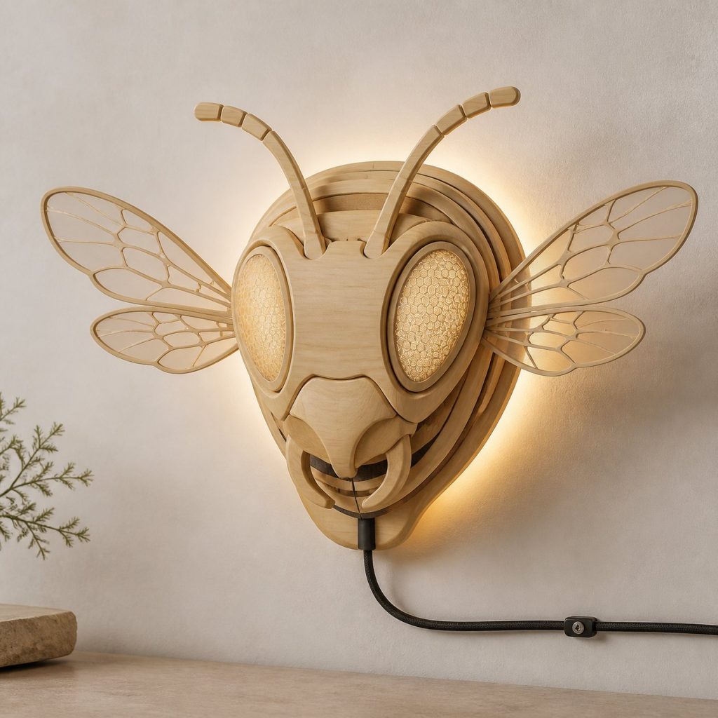 Layered Bee Face Wall Lamp shown as an original square photorealistic bee lamp made from natural light-yellow wood with fine grain and warm diffused light