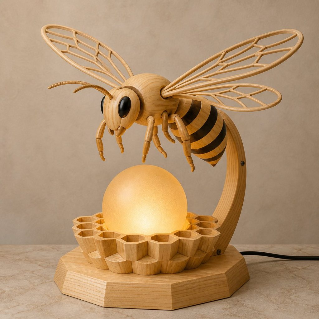 Bee Honey Orb Lamp shown as an original square photorealistic bee lamp made from natural light-yellow wood with fine grain and warm diffused light