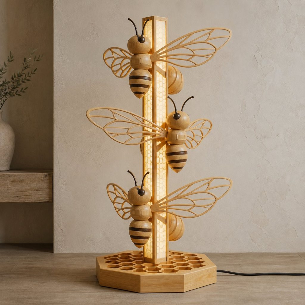 Stacked Bee Floor Lamp shown as an original square photorealistic bee lamp made from natural light-yellow wood with fine grain and warm diffused light