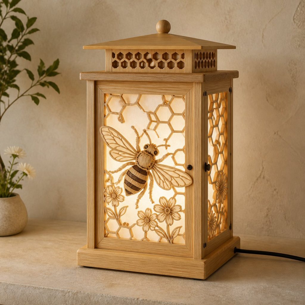 Garden Bee Lantern shown as an original square photorealistic bee lamp made from natural light-yellow wood with fine grain and warm diffused light