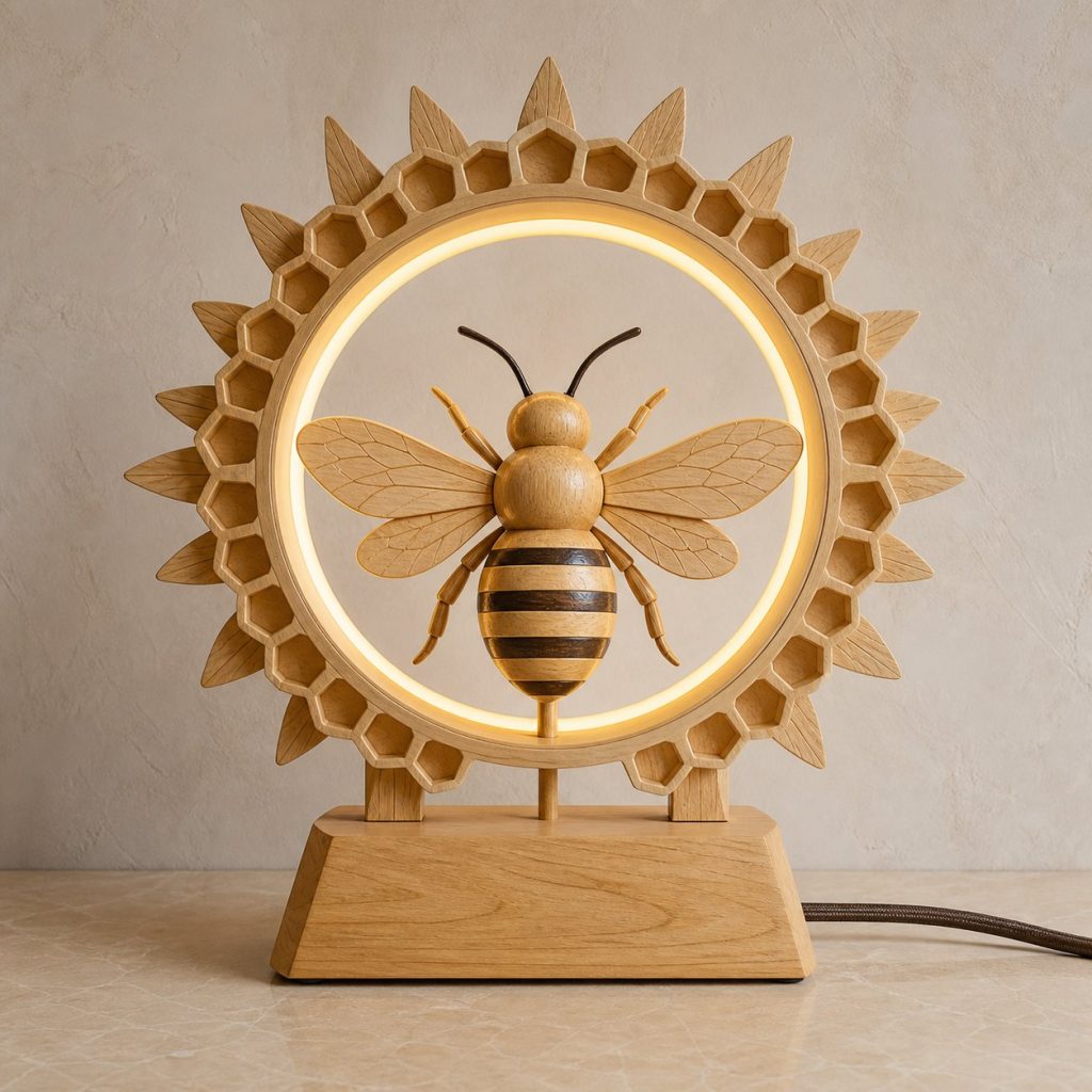 Bee-and-Sun Ring Lamp shown as an original square photorealistic bee lamp made from natural light-yellow wood with fine grain and warm diffused light