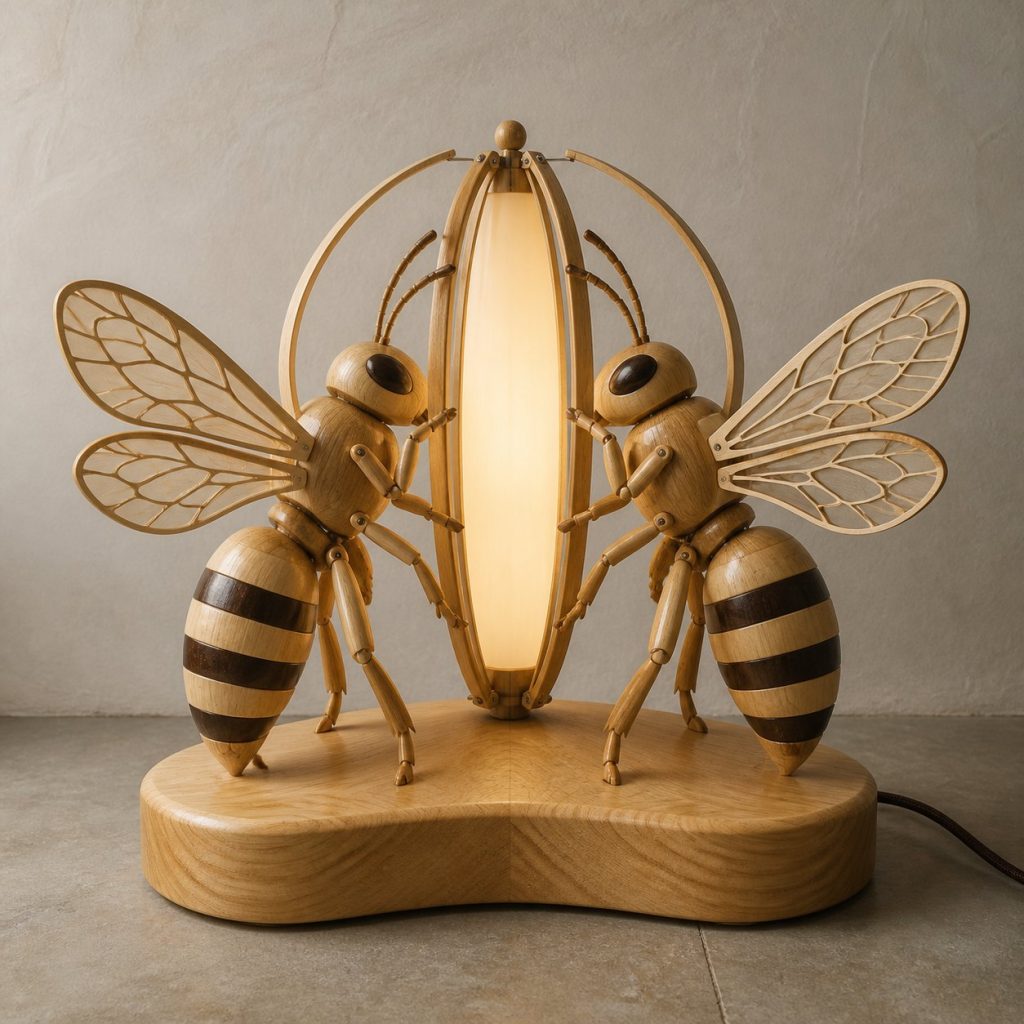 Twin-Wing Bee Floor Lamp shown as an original square photorealistic bee lamp made from natural light-yellow wood with fine grain and warm diffused light