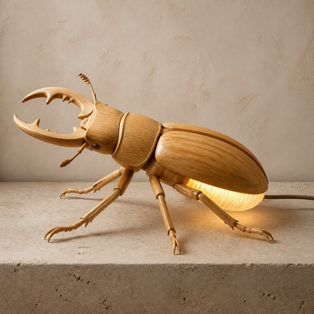 Stag Beetle Profile Lamp shown as an original square photorealistic beetle lamp made from natural light-yellow wood with fine grain and warm diffused light