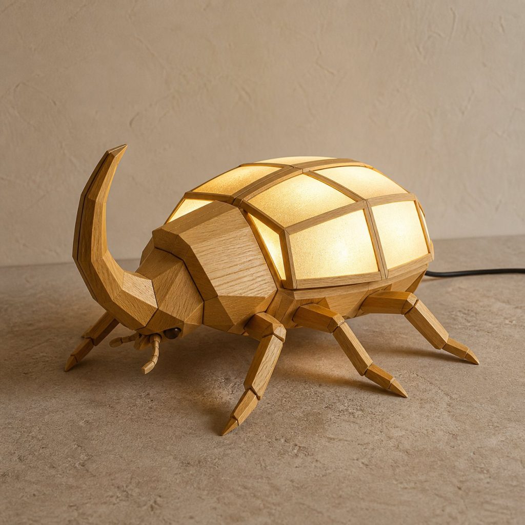 Faceted Rhinoceros Beetle Lamp shown as an original square photorealistic beetle lamp made from natural light-yellow wood with fine grain and warm diffused light
