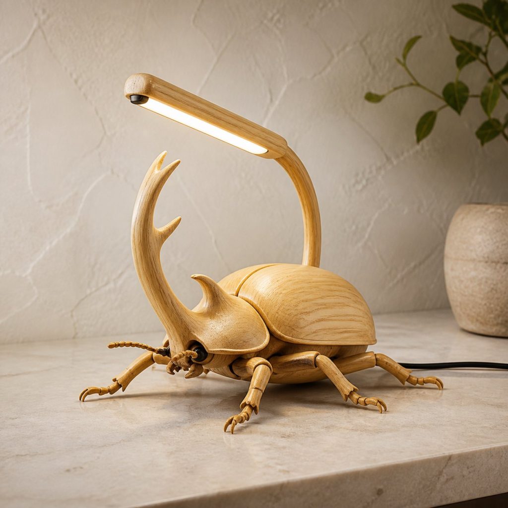 Beetle-Horn Desk Task Lamp shown as an original square photorealistic beetle lamp made from natural light-yellow wood with fine grain and warm diffused light