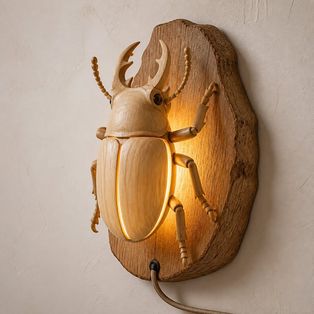 Climbing Beetle Wall Sconce shown as an original square photorealistic beetle lamp made from natural light-yellow wood with fine grain and warm diffused light