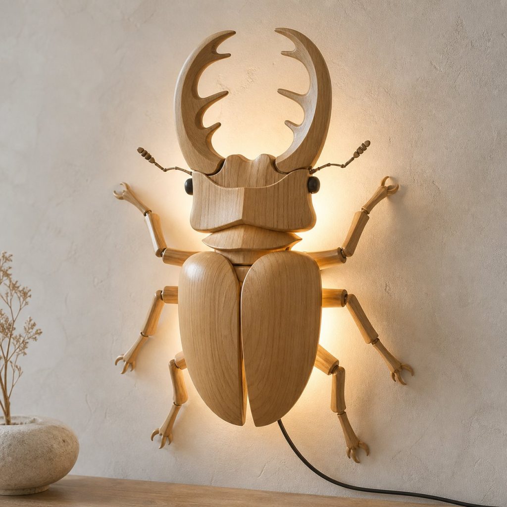 Layered Stag Beetle Head Wall Lamp shown as an original square photorealistic beetle lamp made from natural light-yellow wood with fine grain and warm diffused light