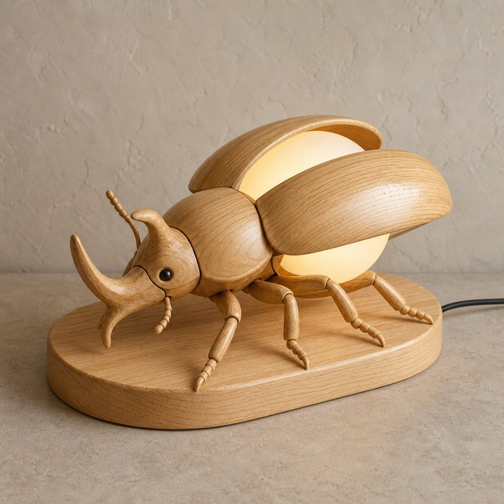 Beetle Orb Lamp shown as an original square photorealistic beetle lamp made from natural light-yellow wood with fine grain and warm diffused light