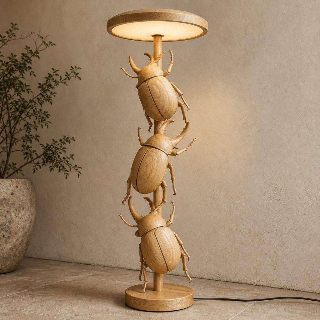 Stacked Beetle Floor Lamp shown as an original square photorealistic beetle lamp made from natural light-yellow wood with fine grain and warm diffused light