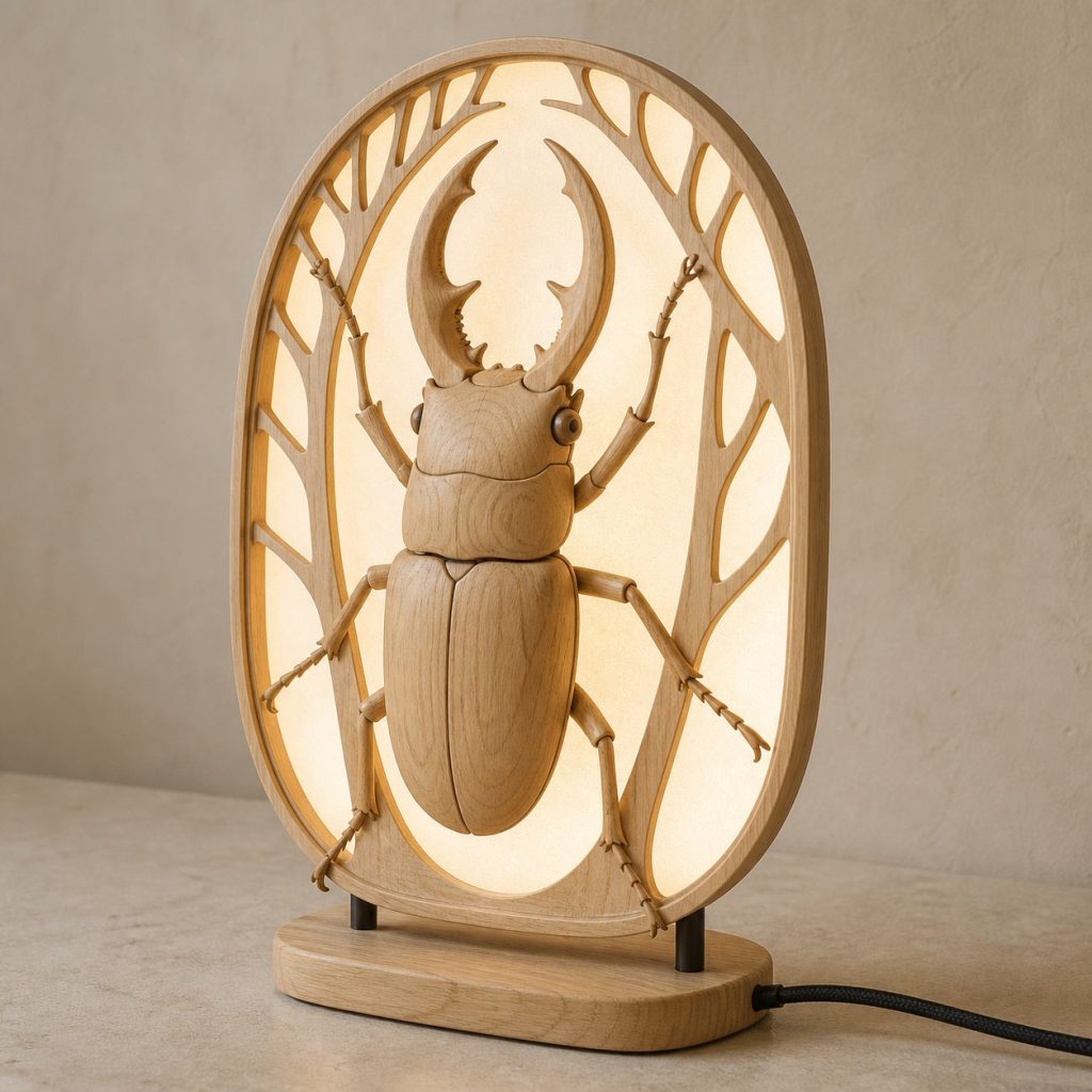 Forest Beetle Lantern shown as an original square photorealistic beetle lamp made from natural light-yellow wood with fine grain and warm diffused light
