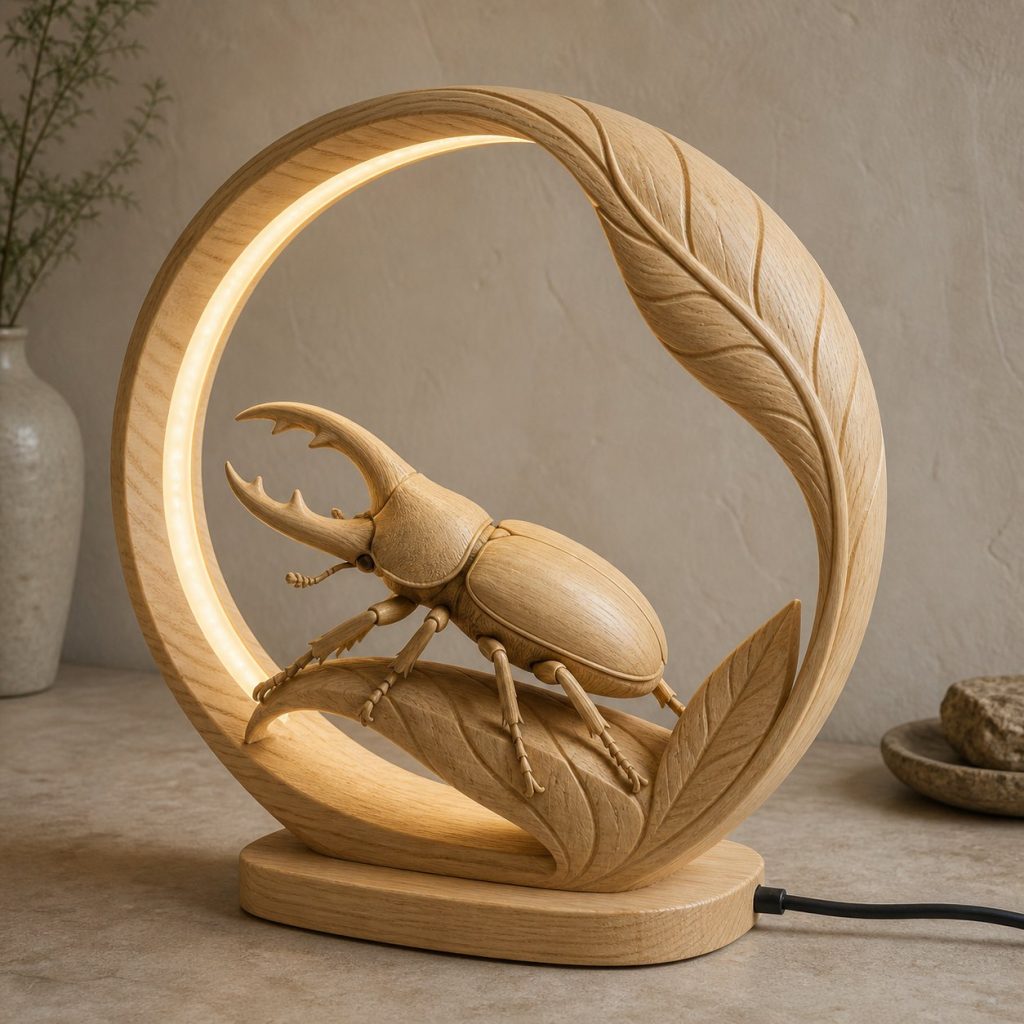 Beetle Leaf-Ring Lamp shown as an original square photorealistic beetle lamp made from natural light-yellow wood with fine grain and warm diffused light