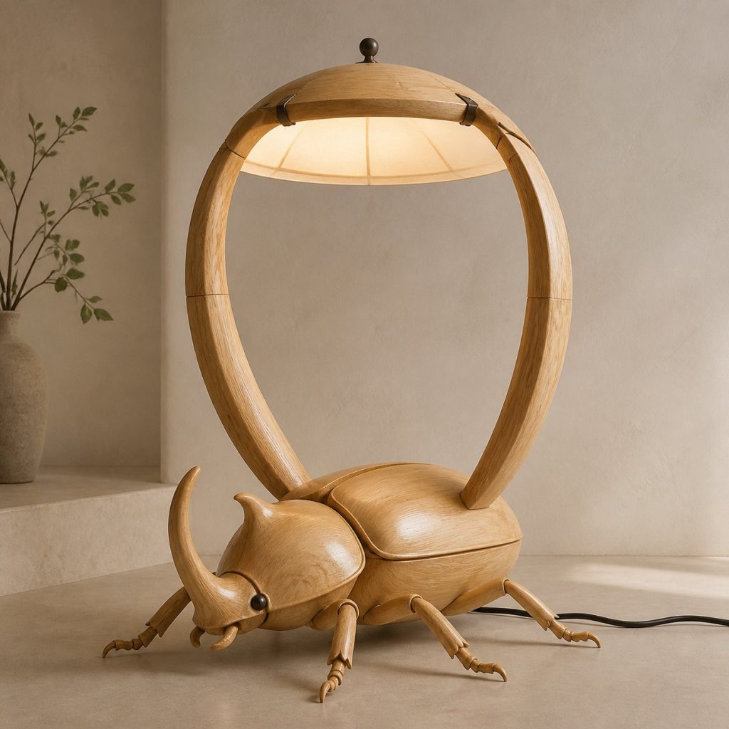 Paired-Horn Beetle Floor Lamp shown as an original square photorealistic beetle lamp made from natural light-yellow wood with fine grain and warm diffused light