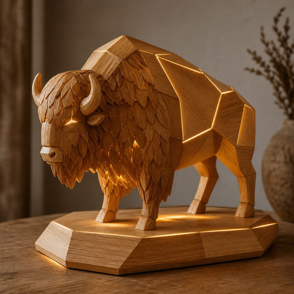 Faceted Bison Lamp shown as an original square photorealistic bison lamp made from natural light-yellow wood with fine grain and warm diffused light