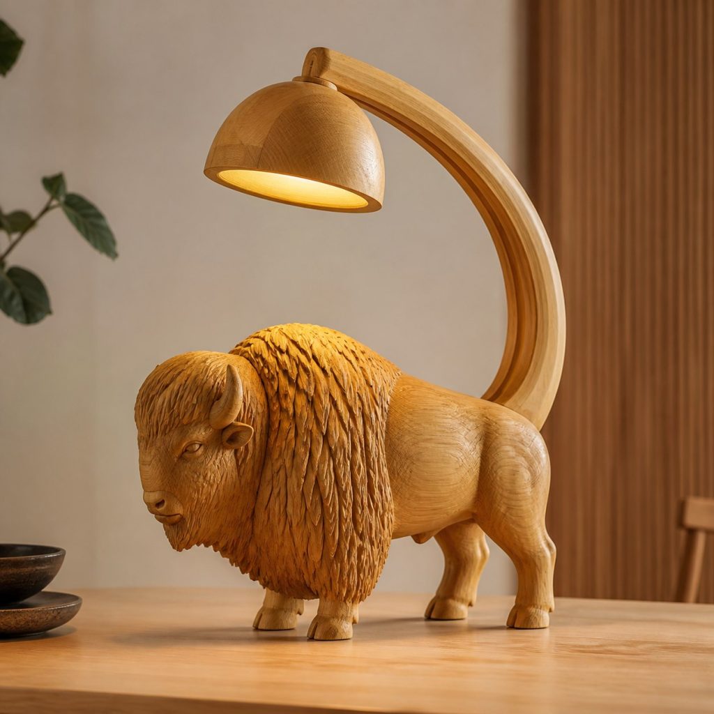 Bison-Horn Desk Task Lamp shown as an original square photorealistic bison lamp made from natural light-yellow wood with fine grain and warm diffused light