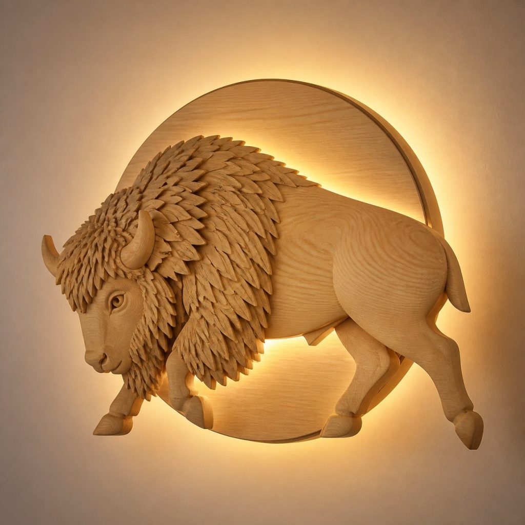 Charging Bison Wall Sconce shown as an original square photorealistic bison lamp made from natural light-yellow wood with fine grain and warm diffused light