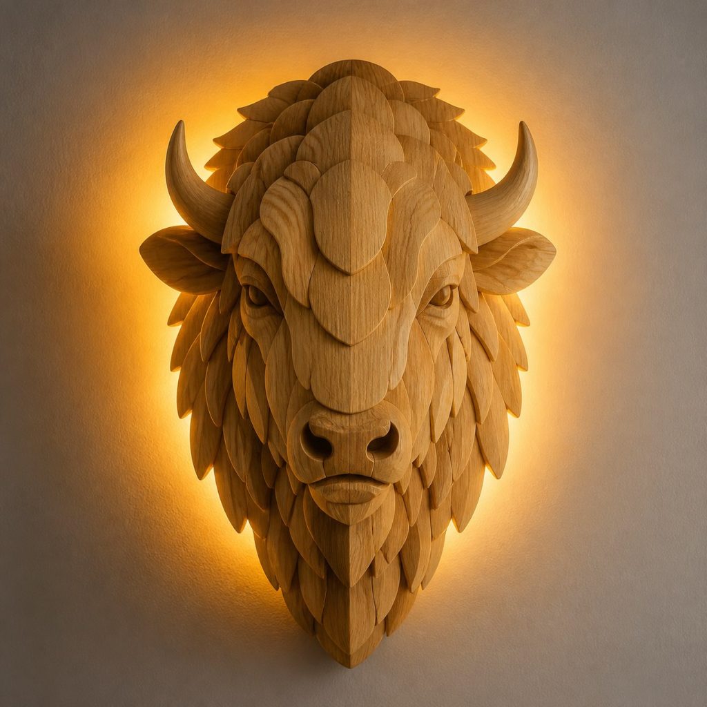 Layered Bison Face Wall Lamp shown as an original square photorealistic bison lamp made from natural light-yellow wood with fine grain and warm diffused light
