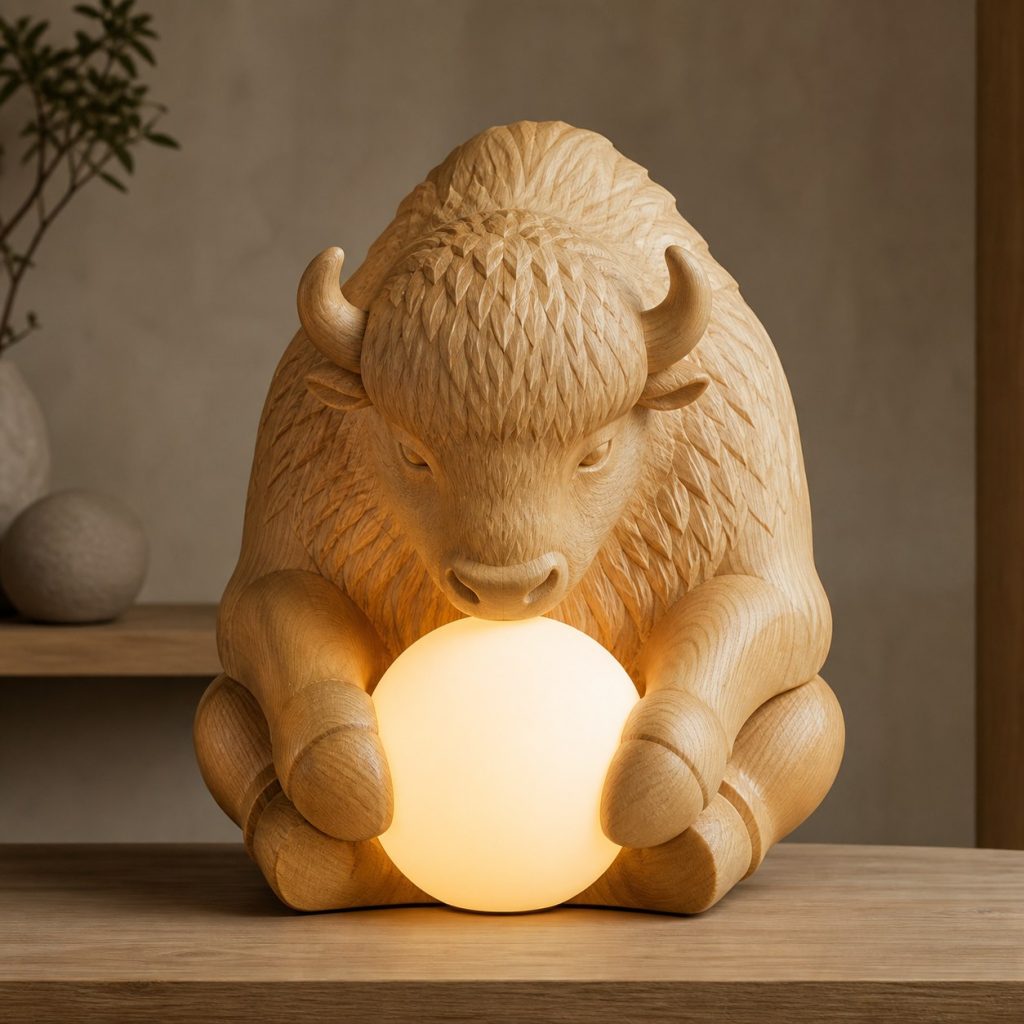 Bison Orb Lamp shown as an original square photorealistic bison lamp made from natural light-yellow wood with fine grain and warm diffused light