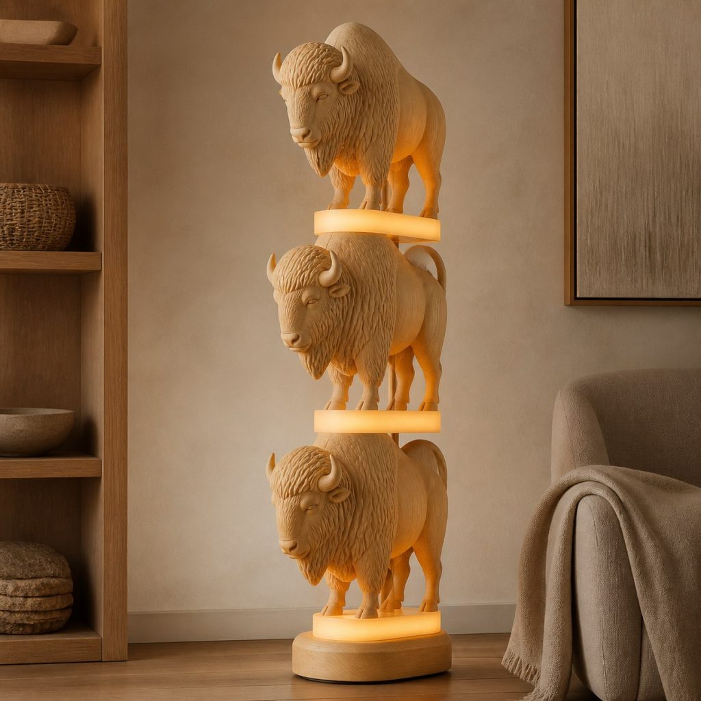 Stacked Bison Floor Lamp shown as an original square photorealistic bison lamp made from natural light-yellow wood with fine grain and warm diffused light