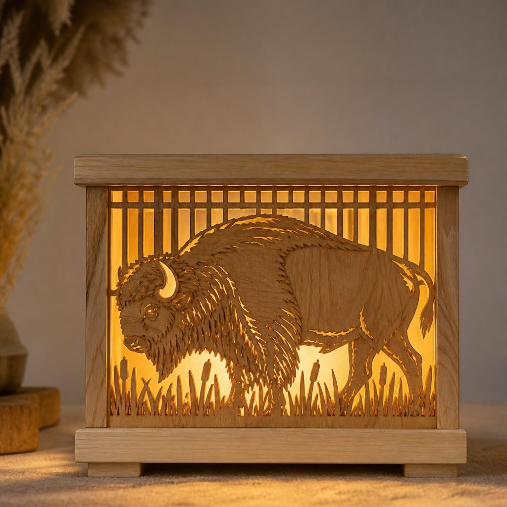Prairie Bison Lantern shown as an original square photorealistic bison lamp made from natural light-yellow wood with fine grain and warm diffused light