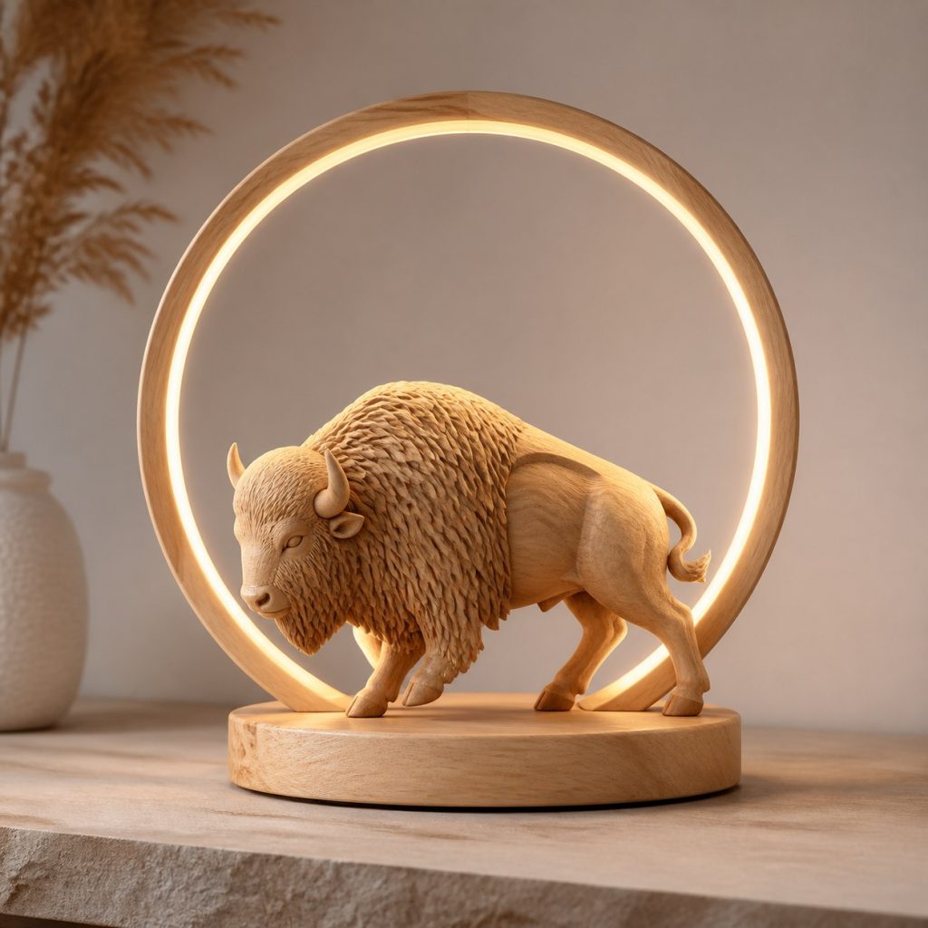 Bison Prairie-Ring Lamp shown as an original square photorealistic bison lamp made from natural light-yellow wood with fine grain and warm diffused light