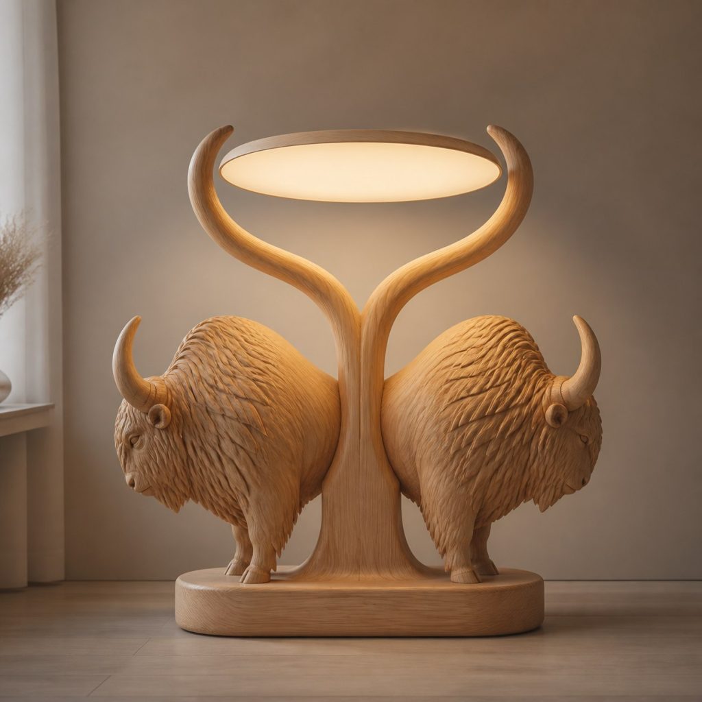 Paired-Horn Bison Floor Lamp shown as an original square photorealistic bison lamp made from natural light-yellow wood with fine grain and warm diffused light